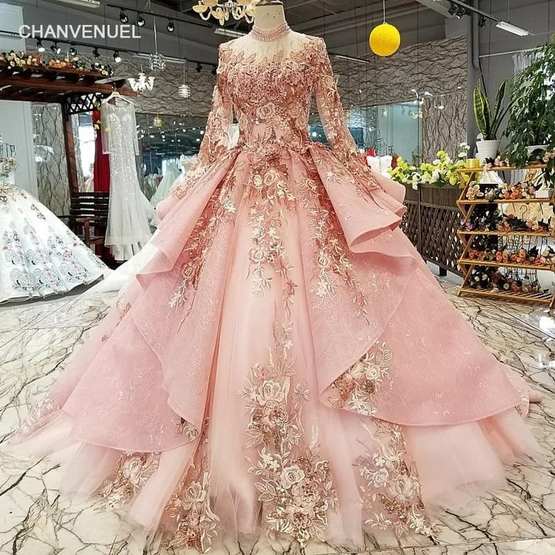 women's cocktail dressesPink Special Puffy High Neck Long Tulle Sleeve Lace-up Back Evening Formal Dress Gown women's cocktail dressesPink Special Puffy High Neck Long Tulle Sleeve Lace-up Back Evening Formal Dress Gown