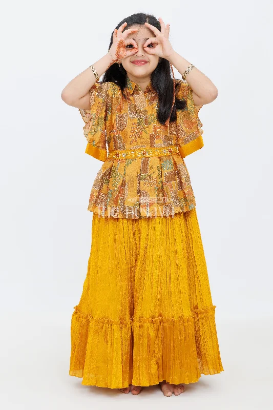 Velvet DressYellow Chinon Silk Printed TwoPiece Look Party Gown for Girls