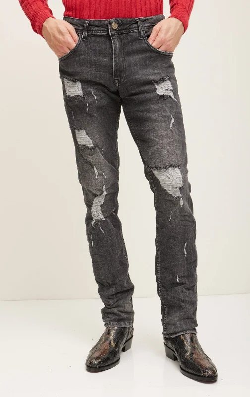 Designer Skinny Men's JeansBoot Cut Distressed Rider Denim - Black