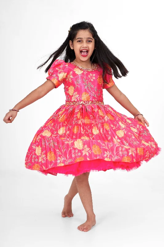 women's high-low dressesGirls Red Silk Party Frock with Floral Prints and Puff Sleeves women's high-low dressesGirls Red Silk Party Frock with Floral Prints and Puff Sleeves
