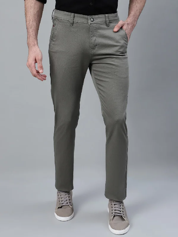 Men's Pants with Adjustable CuffsMen's Green Self Design Non-Pleated Casual Trouser