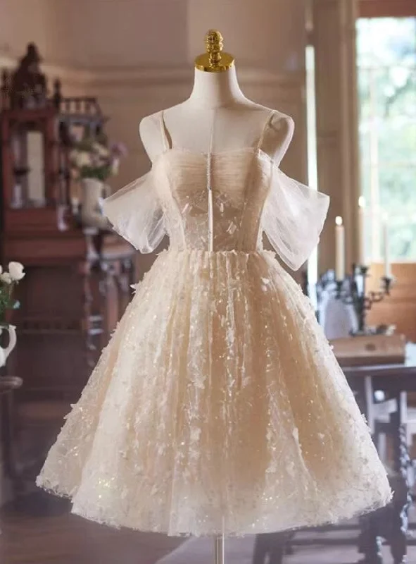 women's ethical fashion dressesChampagne Tulle Spaghetti Straps Pleats Homecoming