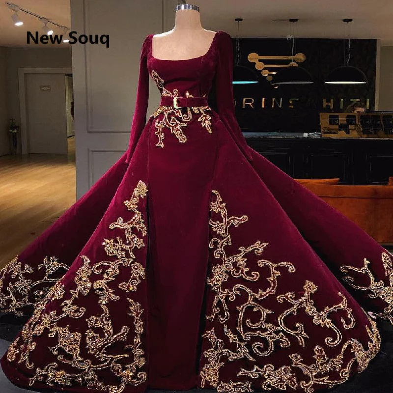 Flutter-Sleeve DressBurgundy Long Sleeves Muslim Evening Dress With Detachable Skirt