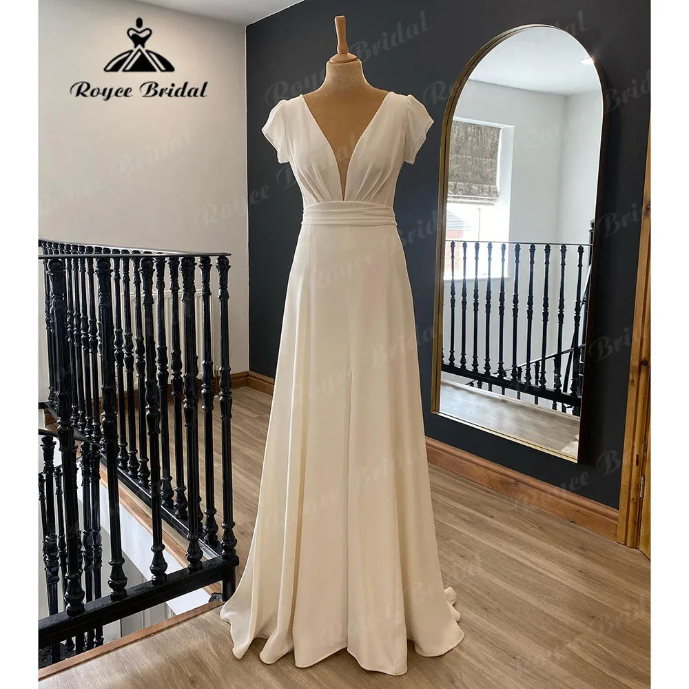 women's neon dressesbrautkleid Summer Plunging Soft Satin Wedding Dress with V Neck 2024 Women Bridal Gown with Cap Sleeve Boho hochzeitskleid Beach women's neon dressesbrautkleid Summer Plunging Soft Satin Wedding Dress with V Neck 2024 Women Bridal Gown with Cap Sleeve Boho hochzeitskleid Beach