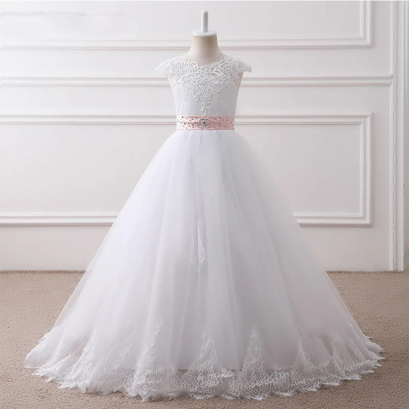 women's unique dressesCap Sleeves Lace Ball Gown Flower Girl Dress Baby White Dress with Pink Belt Children First Communion Dress
