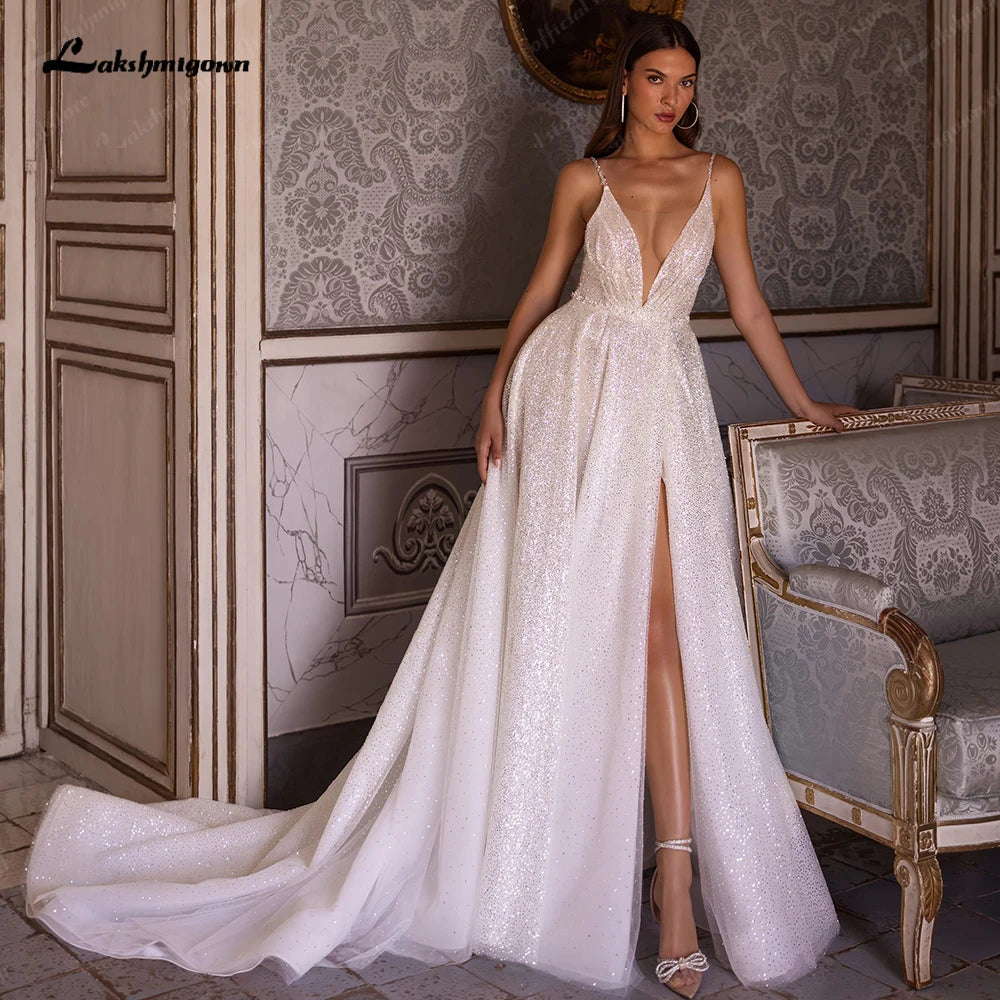 women's work dressesRoycebridal Split Side Shiny Glitter Boho Women Wedding Dress for Bride Spaghetti Straps Wedding Gown batas de novia para women's work dressesRoycebridal Split Side Shiny Glitter Boho Women Wedding Dress for Bride Spaghetti Straps Wedding Gown batas de novia para