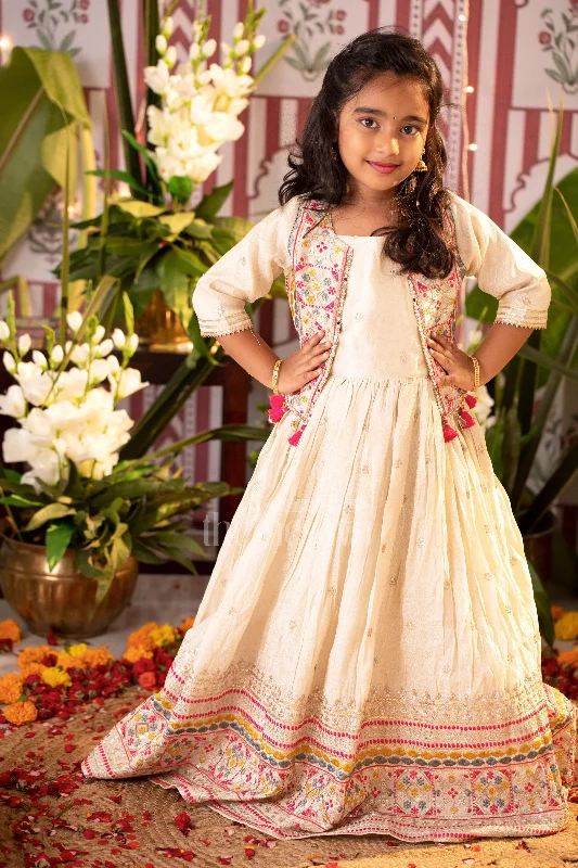 Zip-Up DressCream Shimmer Viscose Silk Party Gown for Girls
