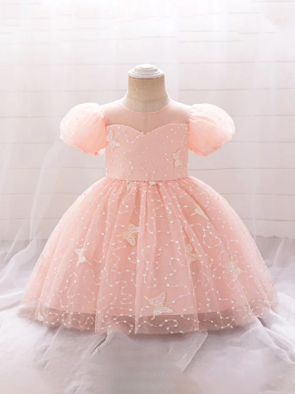 women's minimalist dressesBall Gown Scoop Puff Sleeves Sequins Flower Girl Dresses