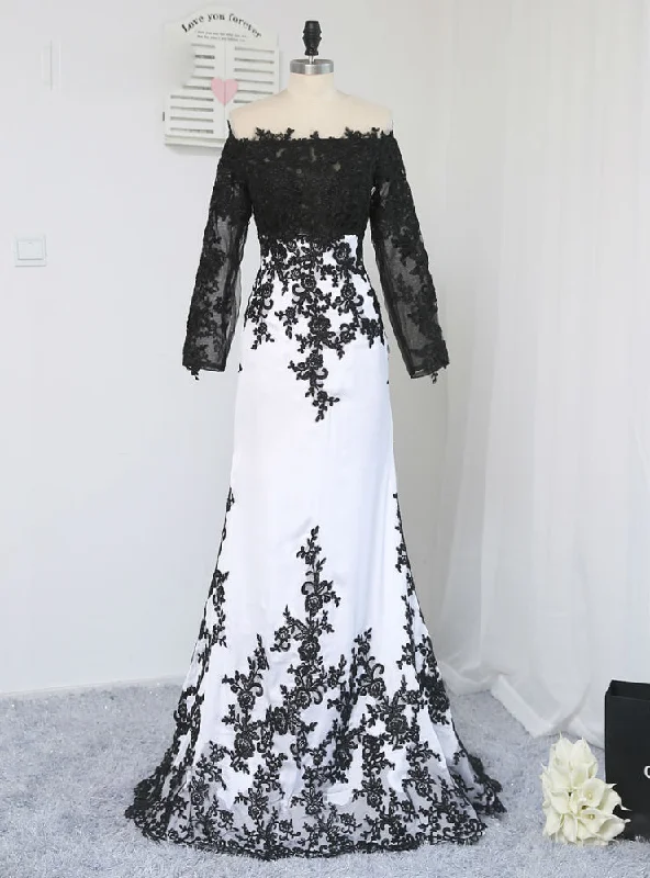 Plunging Neckline DressFormal Celebrity Dresses Mermaid Long Sleeves Evening Dress Black White Appliques Plunging Neckline DressFormal Celebrity Dresses Mermaid Long Sleeves Evening Dress Black White Appliques