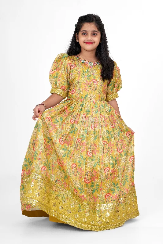 women's bow dressesGirls Party Gown Shimmer Semi Silk Green Sankranthi Dress