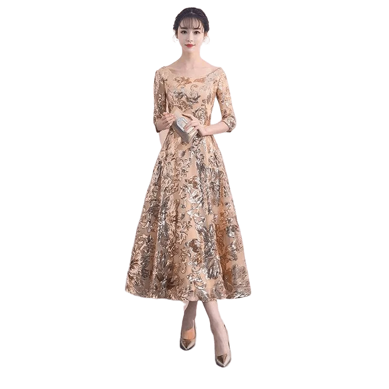 Striped DressEmpire Waist Gold Flower Sequins Formal Evening Midi Dress