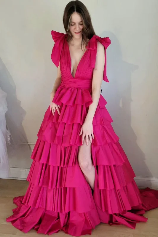 Velvet DressRenee | Plunging V-Neck Fuchsia Bow Straps Ruffle Ball Gown