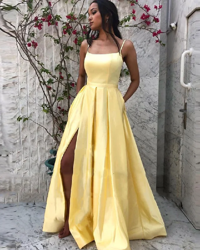 Tiered DressSpaghetti Straps Sexy Slit Formal Wedding Party Gown A Line Satin Yellow Prom Long Dress PL08092