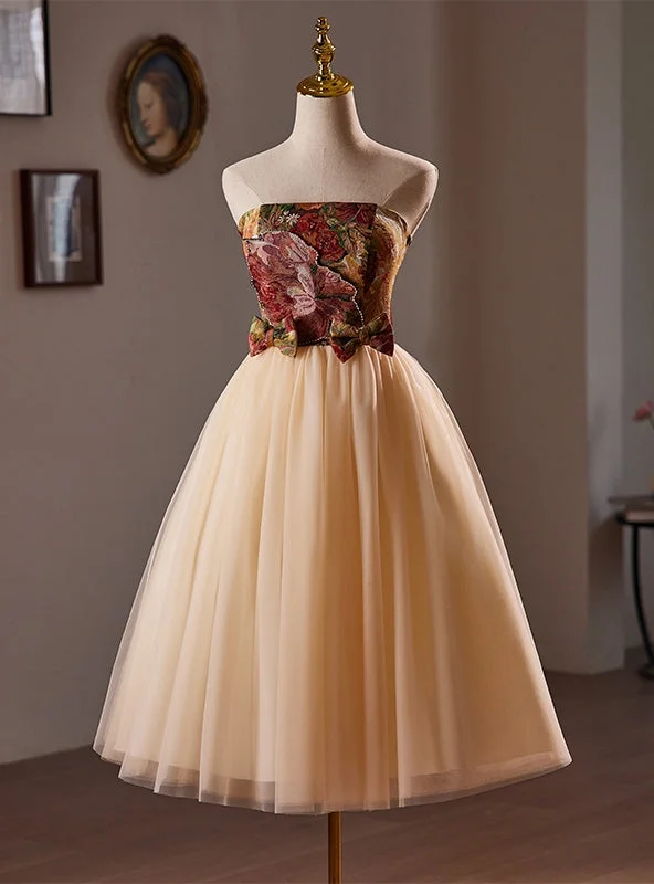 women's boho dressesChampagne Tulle Strapless Tea Length Homecoming Dress