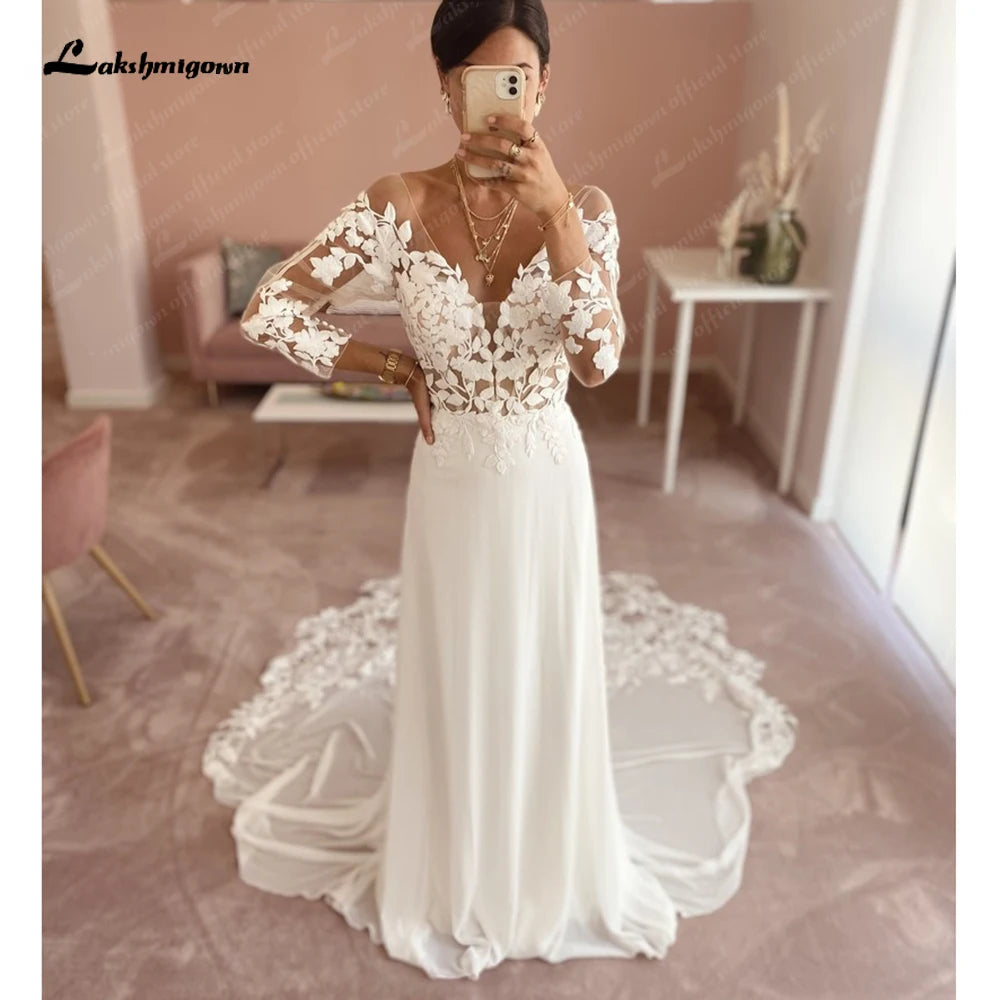 Backless DressRoycebridal Lace Chiffon Backless Wedding Dress for Women 2025 Long Sleeves Beach Bridal Gown Court Train vestidos para mujer Backless DressRoycebridal Lace Chiffon Backless Wedding Dress for Women 2025 Long Sleeves Beach Bridal Gown Court Train vestidos para mujer