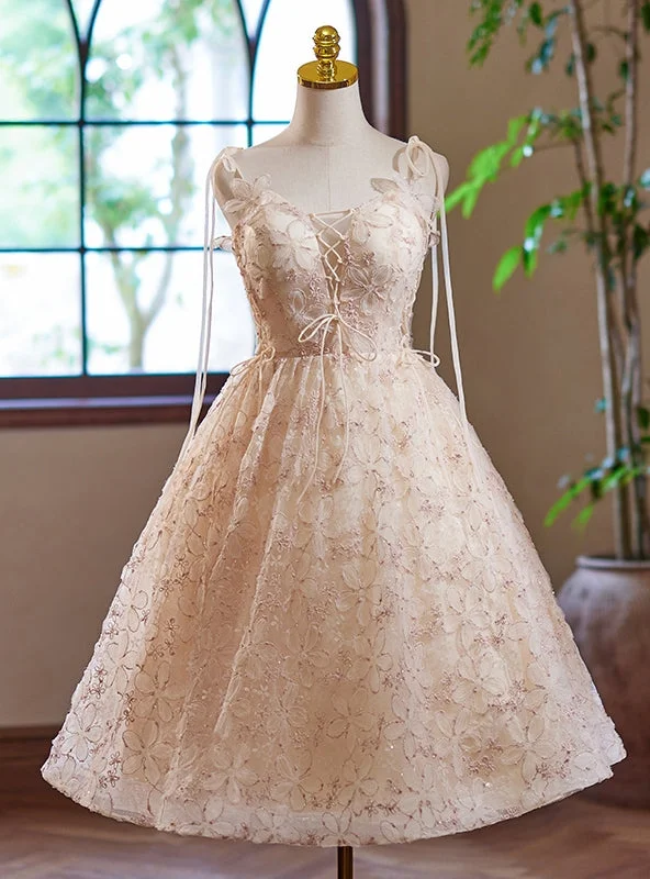 women's off-the-shoulder dressesChampagne Lace Spaghetti Straps Homecoming Dress