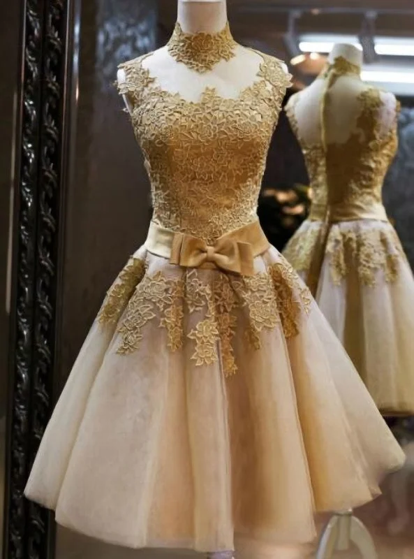 women's halter dressesChampagne Lace Tulle High Neck Homecoming Dress
