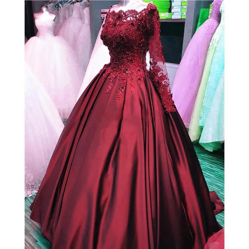 Evening DressBurgundy Ball Gown Wedding Dresses Lace Appliqued Long Sleeves Beading Women Formal Dress Evening DressBurgundy Ball Gown Wedding Dresses Lace Appliqued Long Sleeves Beading Women Formal Dress
