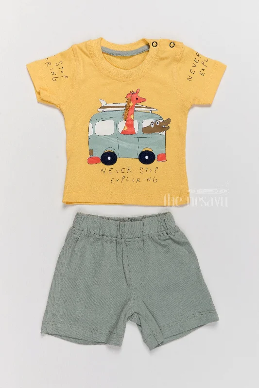 women's high-end dressesWinter Party Wear Yellow Cotton T-Shirt and Green Shorts Set with Fun Car Print women's high-end dressesWinter Party Wear Yellow Cotton T-Shirt and Green Shorts Set with Fun Car Print