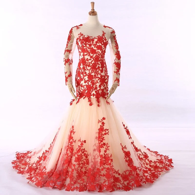 women's bell-sleeved dressesChampagne Mermaid Tulle Res Appliques Long Sleeve Evening Dress women's bell-sleeved dressesChampagne Mermaid Tulle Res Appliques Long Sleeve Evening Dress