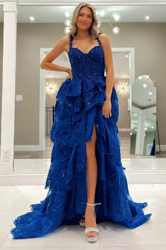 Laced DressMaisy| Blue Tulle Sequin Sweetheart Ruffle Tiered Long Gown