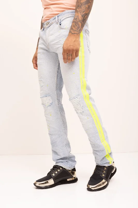 Trendy Men's JeansNeon Yellow Splattered Stripe Cotton Jeans -  Indigo