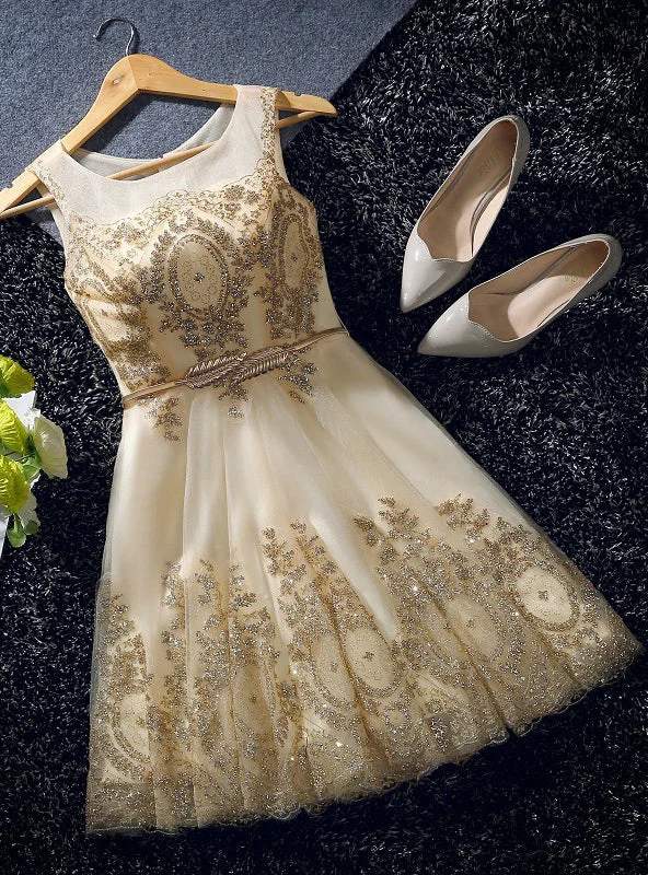 women's lace dressesGold Tulle Sequins Bow Homecoming Dress