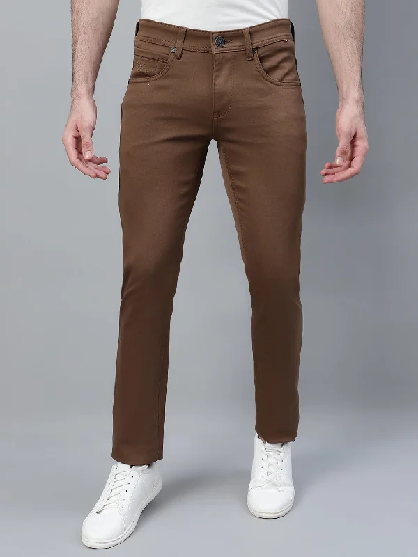 Men's Pants with Adjustable CuffsMen's Brown Solid Non-Pleated Stretchable Casual Trouser
