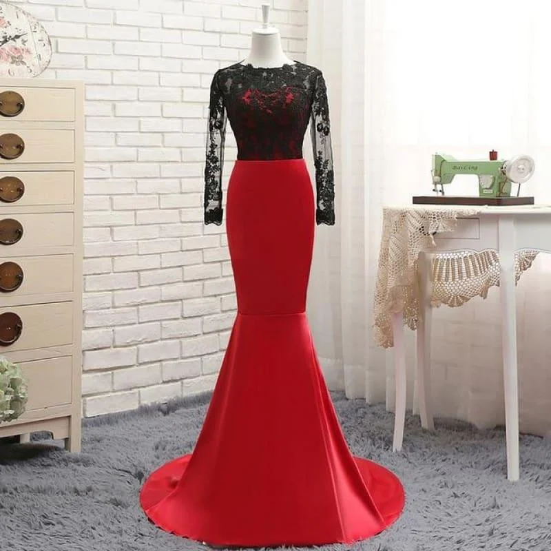 women's bridesmaid dressesRed Satin With Black Lace Long Sleeve Evening Dress