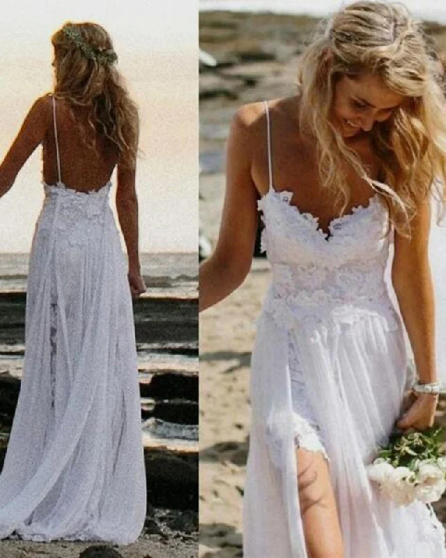 women's hourglass figure dressesSexy Flowing Chiffon Lace Slits Lace Boho Bridal Dress White Beach Wedding Dress WD0701