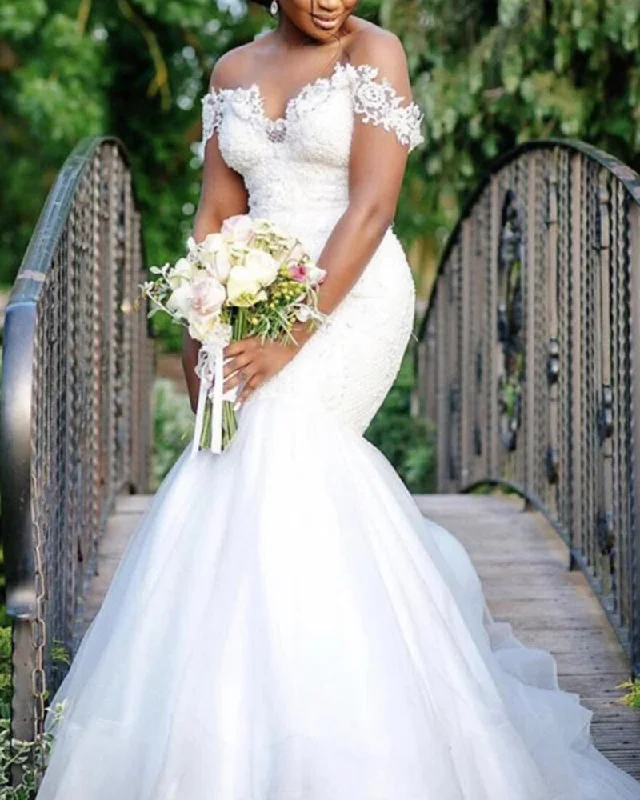women's bell-sleeved dressesSexy Off the Shoulder Lace Mermaid Wedding Dress WD0813