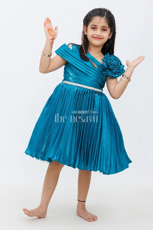 women's casual dressesElegant Bluish Green Shoulder Party Frock with Pleated Skirt and Silver Waistband for Girls women's casual dressesElegant Bluish Green Shoulder Party Frock with Pleated Skirt and Silver Waistband for Girls