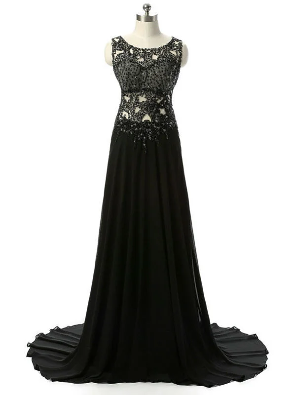 Silk DressElegant Black Long Evening Dresses Beading Chiffon Sleeveless