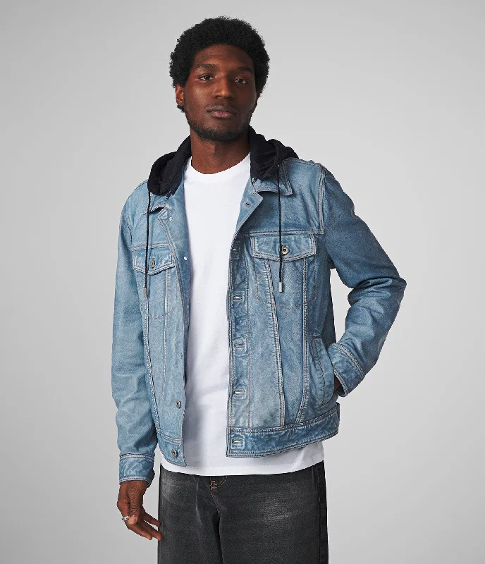 Affordable Men's JeansCrew Denim Leather Jacket With Hood