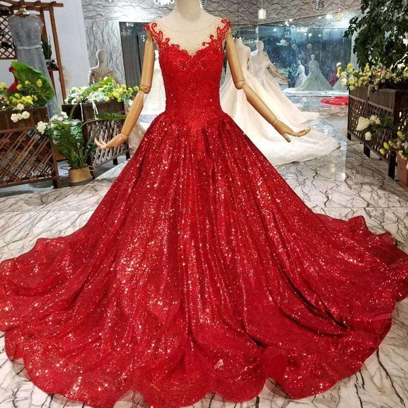 Asymmetric DressRed Reflective Sleeveless A-line Sparkly Formal Evening Dress