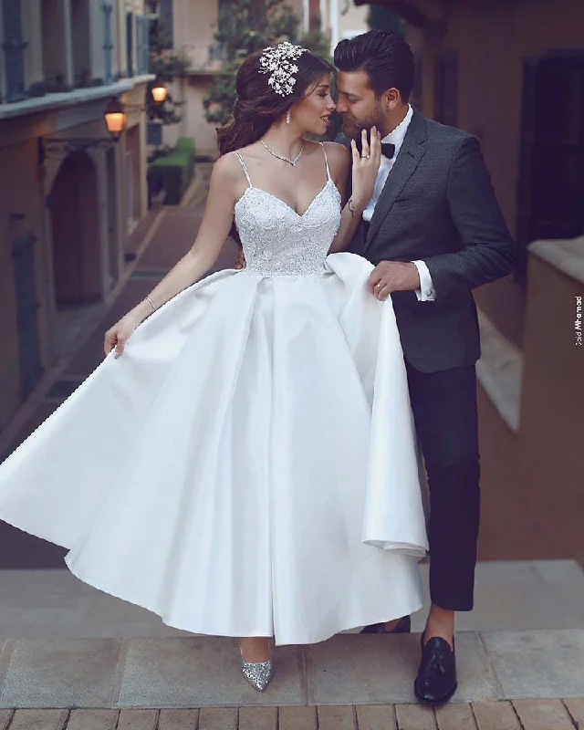 Tall Women DressTea Length Wedding Dresses Spaghetti Straps Beading A Line Satin Short Bridal Gown Tall Women DressTea Length Wedding Dresses Spaghetti Straps Beading A Line Satin Short Bridal Gown