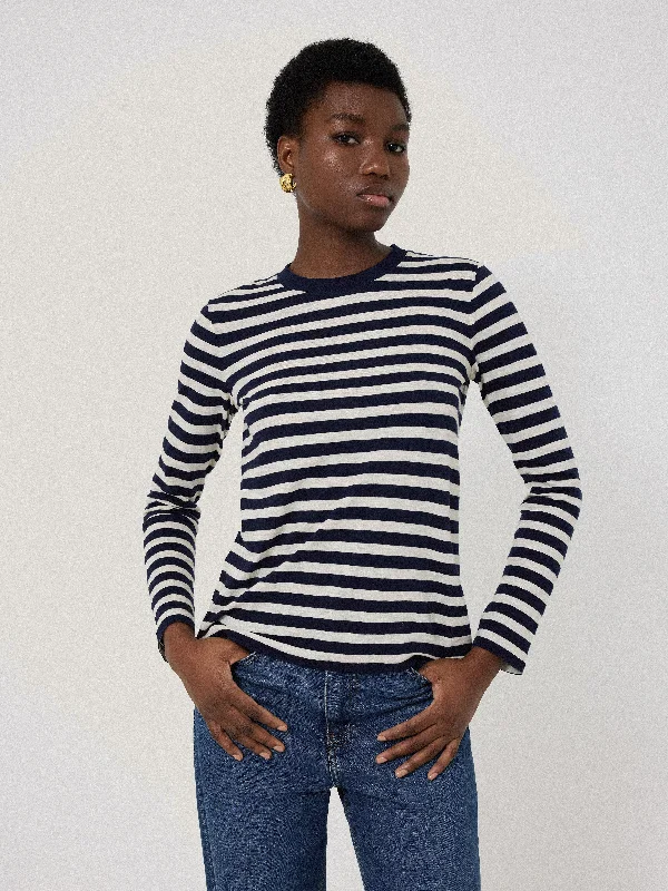 Men's Shirts with Graphic SleevesCotton Stripe Long Sleeve Tee | Navy