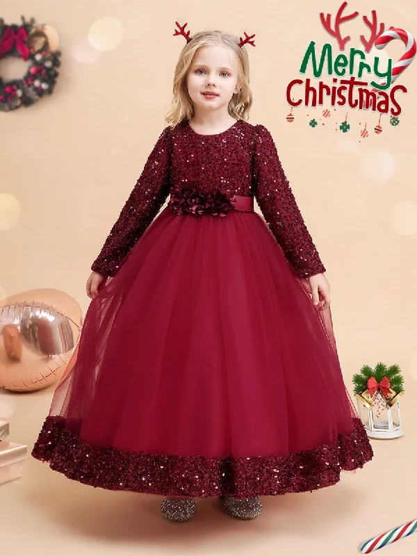 women's machine-washable dressesBall Gown Scoop Long Sleeves Sequined Christmas Dresses for Girls