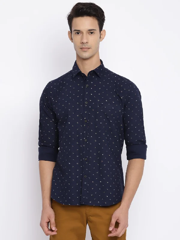 Men's Color-Blocking Shirts for a Statement LookMen's Navy Blue Casual Ditsy Print Full Sleeve Shirt