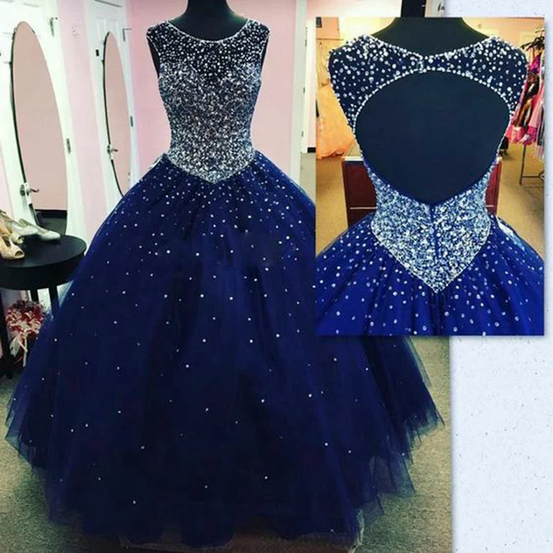Tea-Length DressBlue Quinceanera Dresses Ball Gown Scoop Neck Open Back with Beading