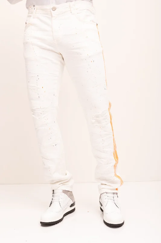 Flexible Men's JeansYellow Splattered Stripe Cotton Jeans - White
