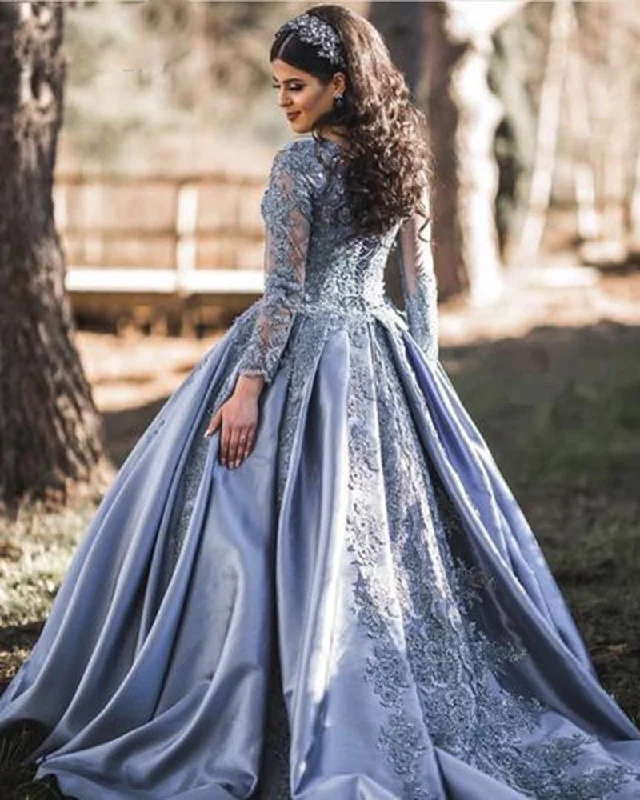 women's casual Friday dressesDust Blue Wedding Dress Lace Long Sleeved Ball Gown Women Formal Evening Wedding Party Dress WD0616 women's casual Friday dressesDust Blue Wedding Dress Lace Long Sleeved Ball Gown Women Formal Evening Wedding Party Dress WD0616