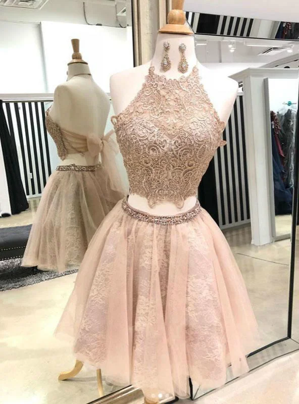 women's luxury dressesChampagne Two Piece Halter Lace Tulle Homecoming Dress