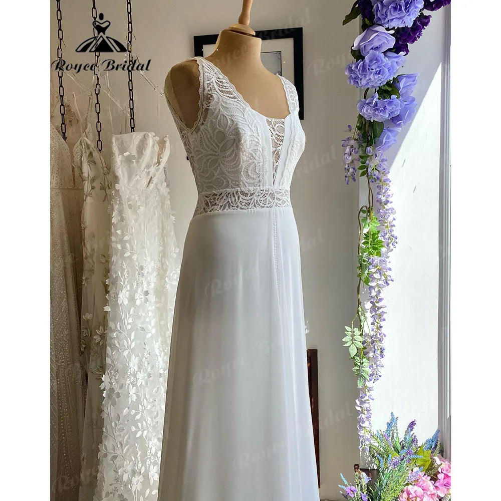 High-Low DressSummer Tank Sleeveless Lace Bodice Chiffon Open Back Boho Wedding Gown for Bride High-Low DressSummer Tank Sleeveless Lace Bodice Chiffon Open Back Boho Wedding Gown for Bride