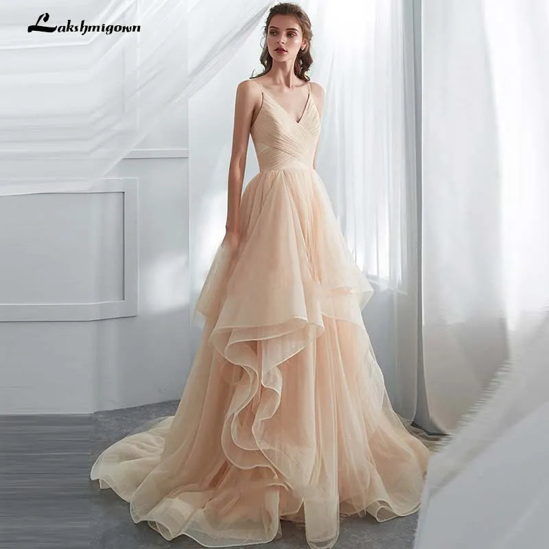 Casual DressRoycebridal Romantic Spaghetti Straps Champagne Puffy Long Ruffled Soft Tulle Ball Gown Wedding Dress Bridal Dresses Vestido De Noiva