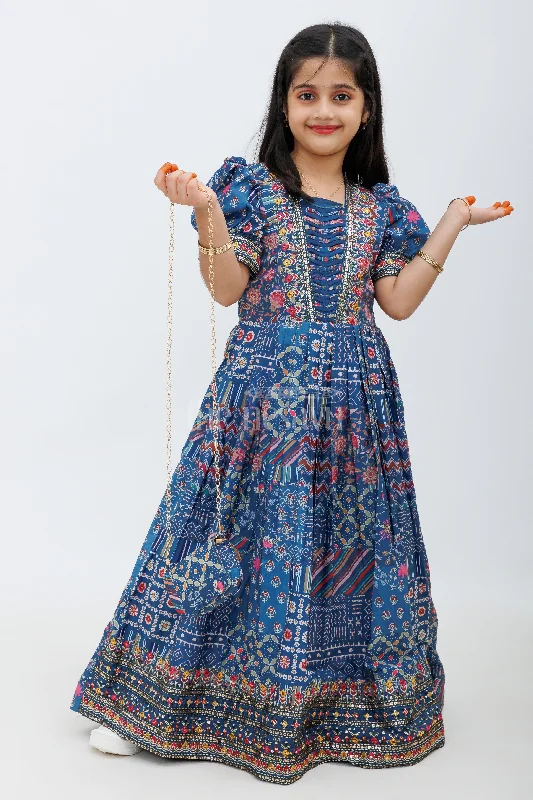 Ruffle DressIndigo Blue Ajrak Print Chinon Party Gown for Girls