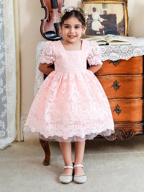 women's striped dressesBall Gown Square Neck Tulle Flower Girl Dresses with Lace