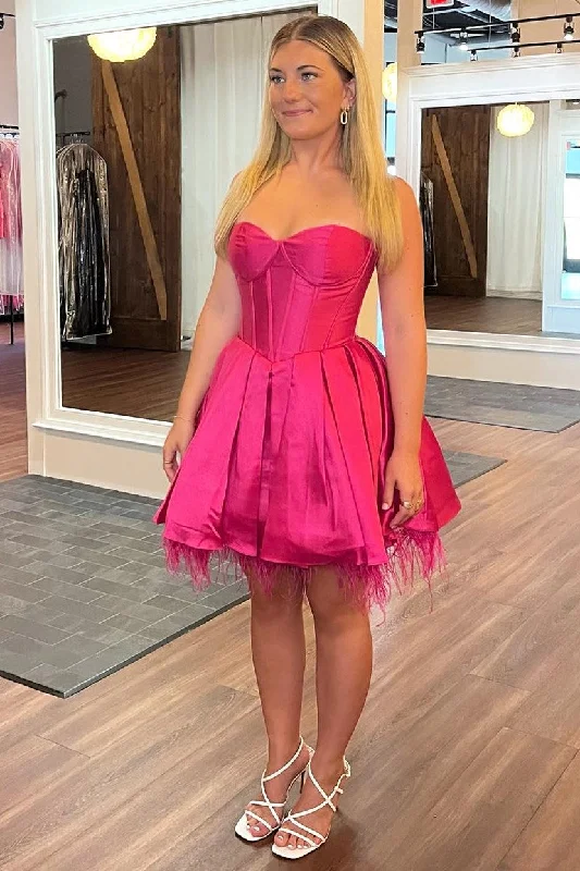 Mermaid DressHanna | Neon Pink Feathers Sweetheart A-Line Short Formal Dress