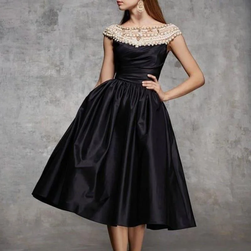 Organza DressBlack Satin Pearl Crystals Boat Neck Evening Sleeveless Party Ball Gown Midi Dress Organza DressBlack Satin Pearl Crystals Boat Neck Evening Sleeveless Party Ball Gown Midi Dress