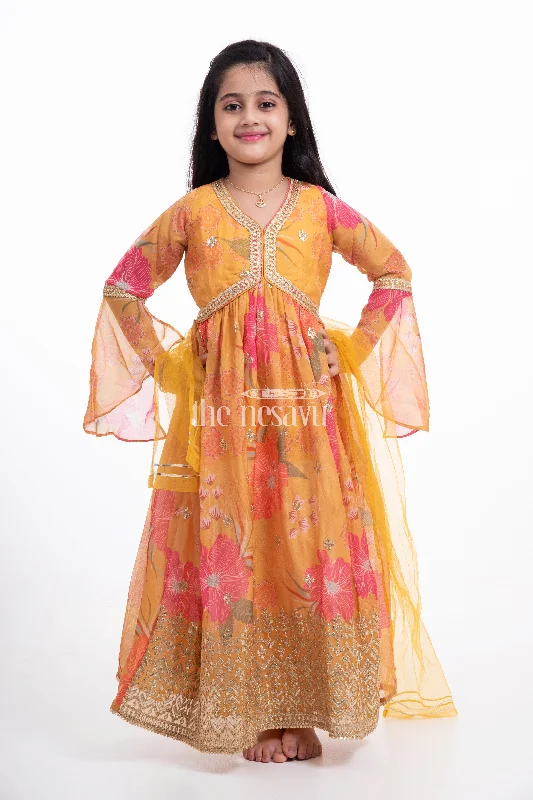 women's evening dressesGolden Floral Printed Organza Party Gown for Girls